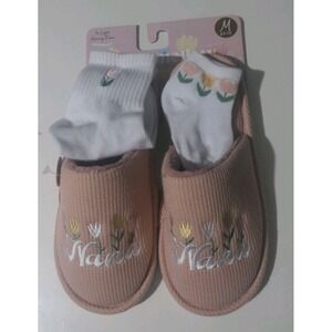 Nana Pink Floral Furr Lined Slippers W/ Matching Socks. Size 6.5-7.5 NWT